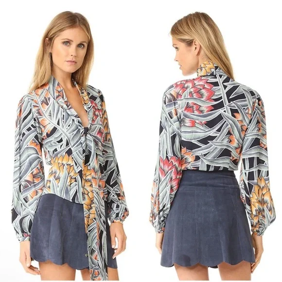 REVOLVE MARA HOFFMAN Black Green Red Tropical Print Tie Neck Deep V Blouse Top - Picture 11 of 15